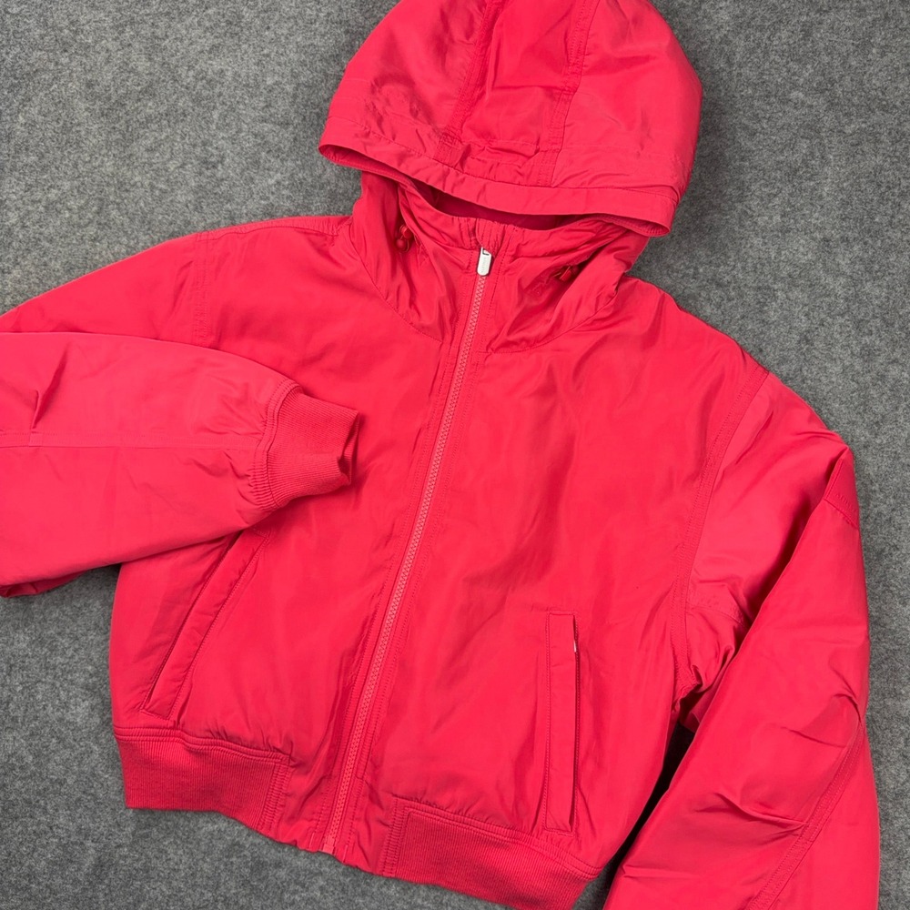 Athleta Lucent Bomber Jacket Womens M Punch Pink Insulated Hooded Cropped Coat
